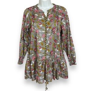 Sapphire Tunic Top Beaded Floral Pakistan Gray Long Sleeve Drawstring Cotton Med